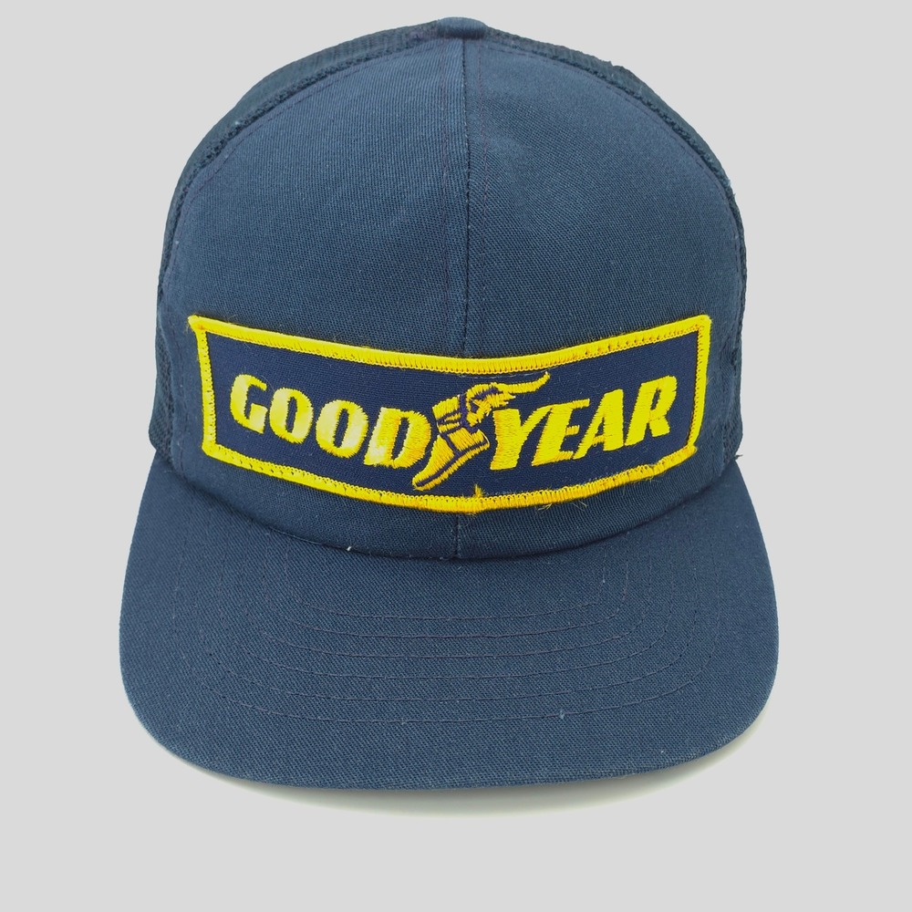 VINTAGE Goodyear Hat Cap Mens Snap Back Blue Racing Trucker Mesh Swingster USA